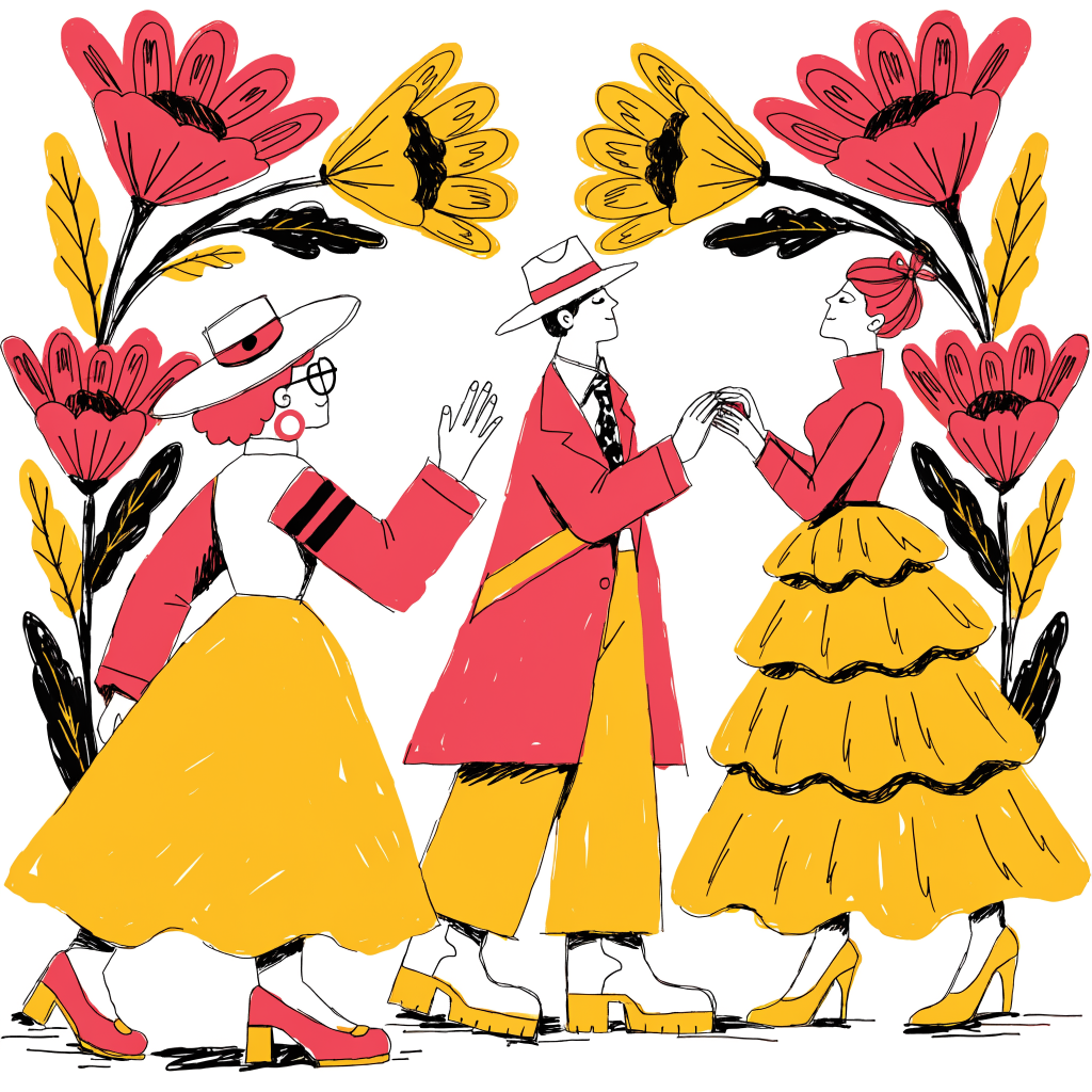 Wedding planner coordonnant une cérémonie de mariage luxueuse en plein air, arche florale, décoration premium, illustration éditoriale brutalist