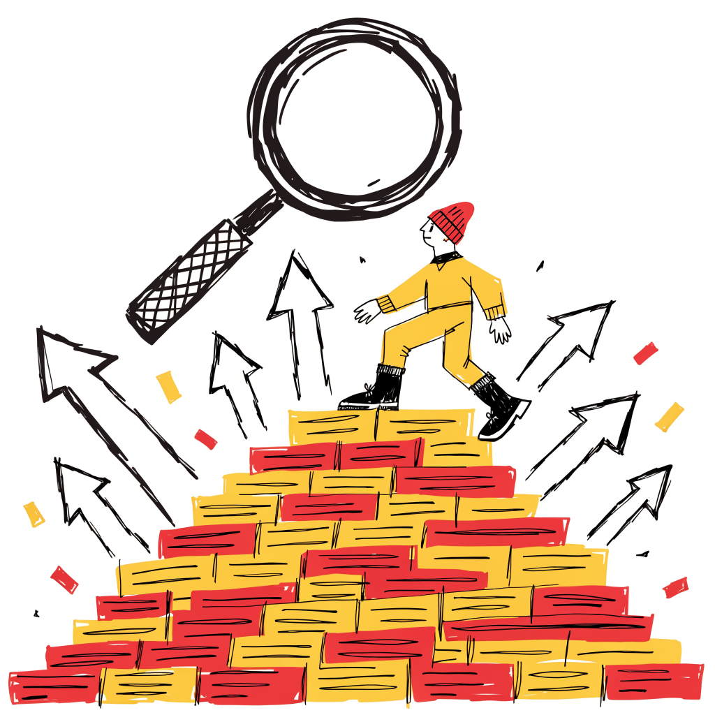 Professionnel B2B gravissant un escalier composé de barres de résultats de recherche, loupe géante et flèches ascendantes symbolisant la croissance organique, illustration éditoriale brutalist en jaune et rouge sur fond blanc