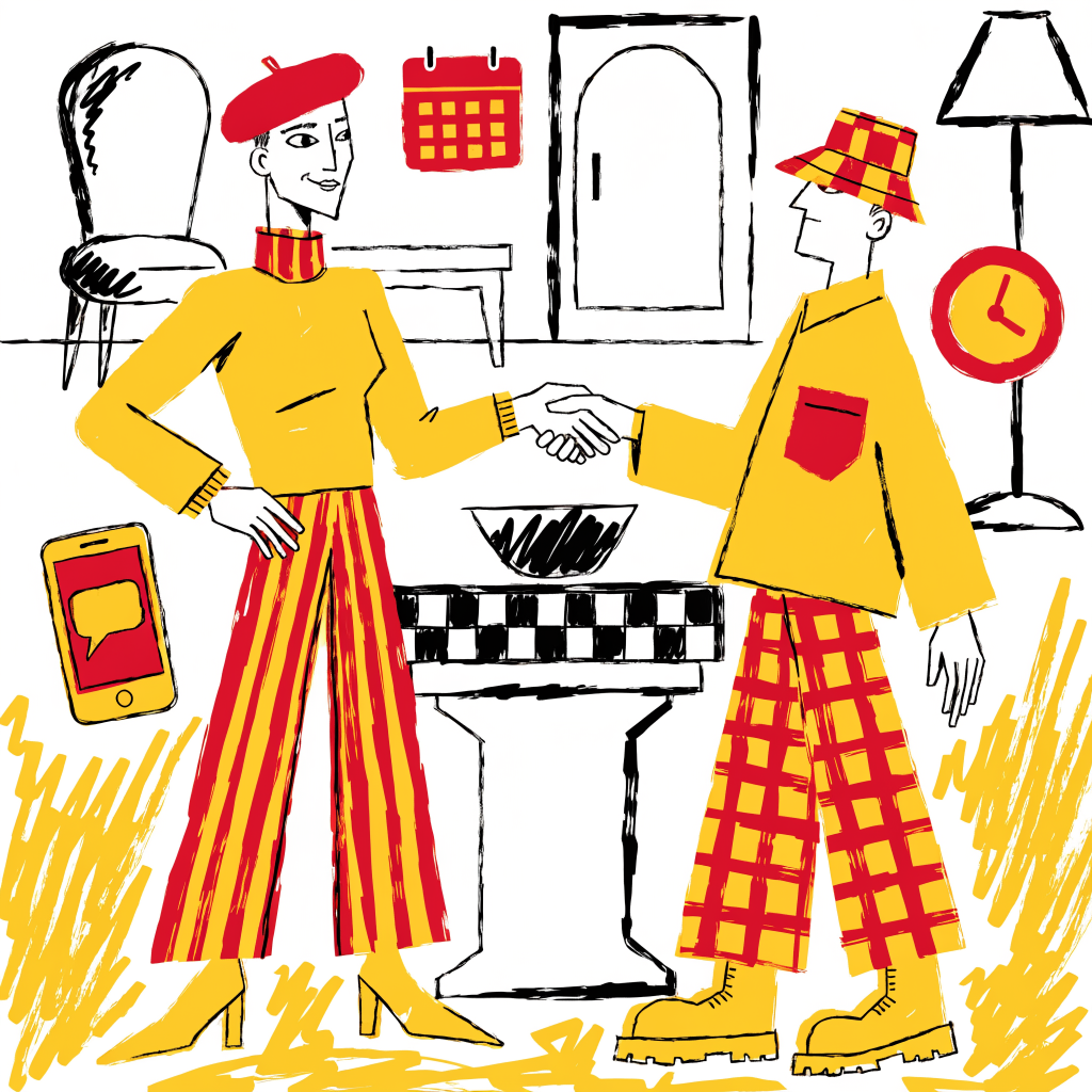 Illustration brutaliste : professionnel de service premium serrant la main d'un client avec assistant IA sur smartphone