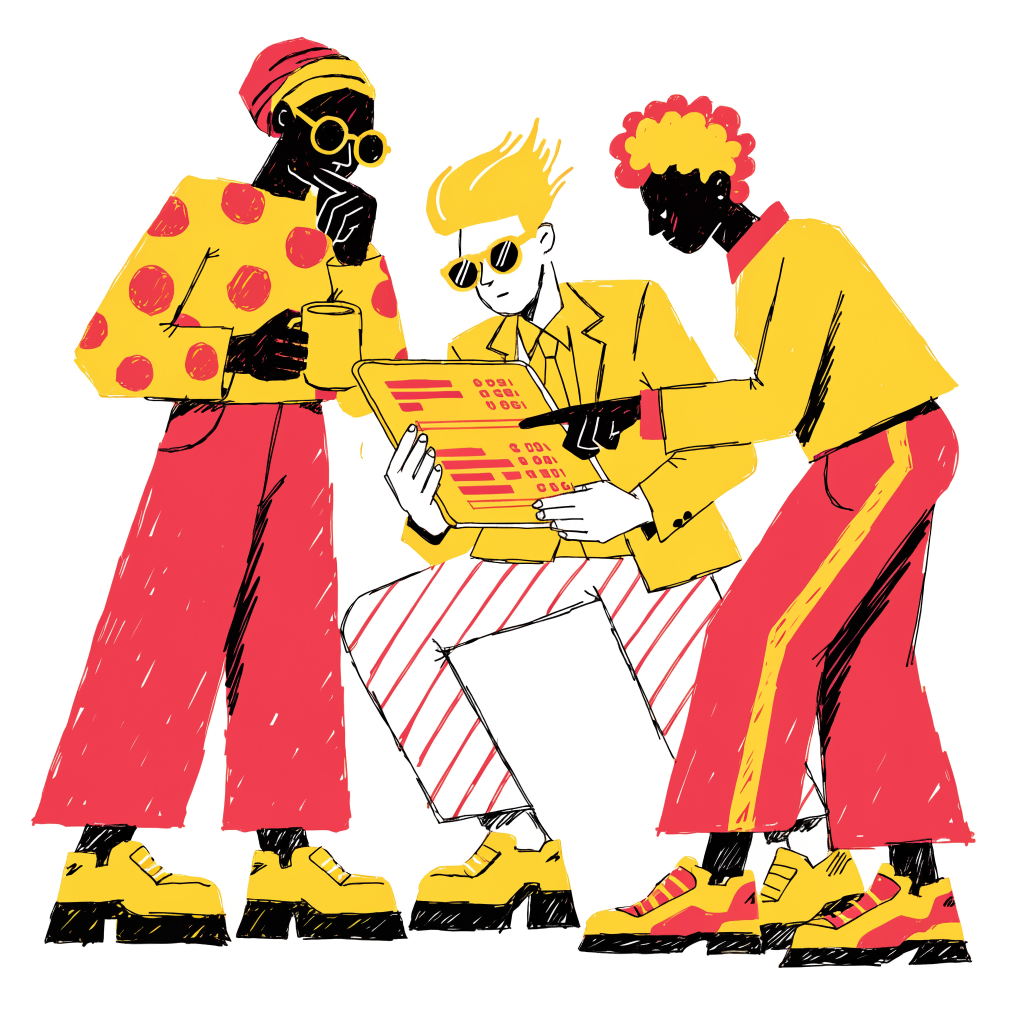 Illustration brutaliste : comite d'achat B2B (CFO, DSI, utilisateur final) examinant ensemble un comparatif et des chiffres de ROI sur une tablette