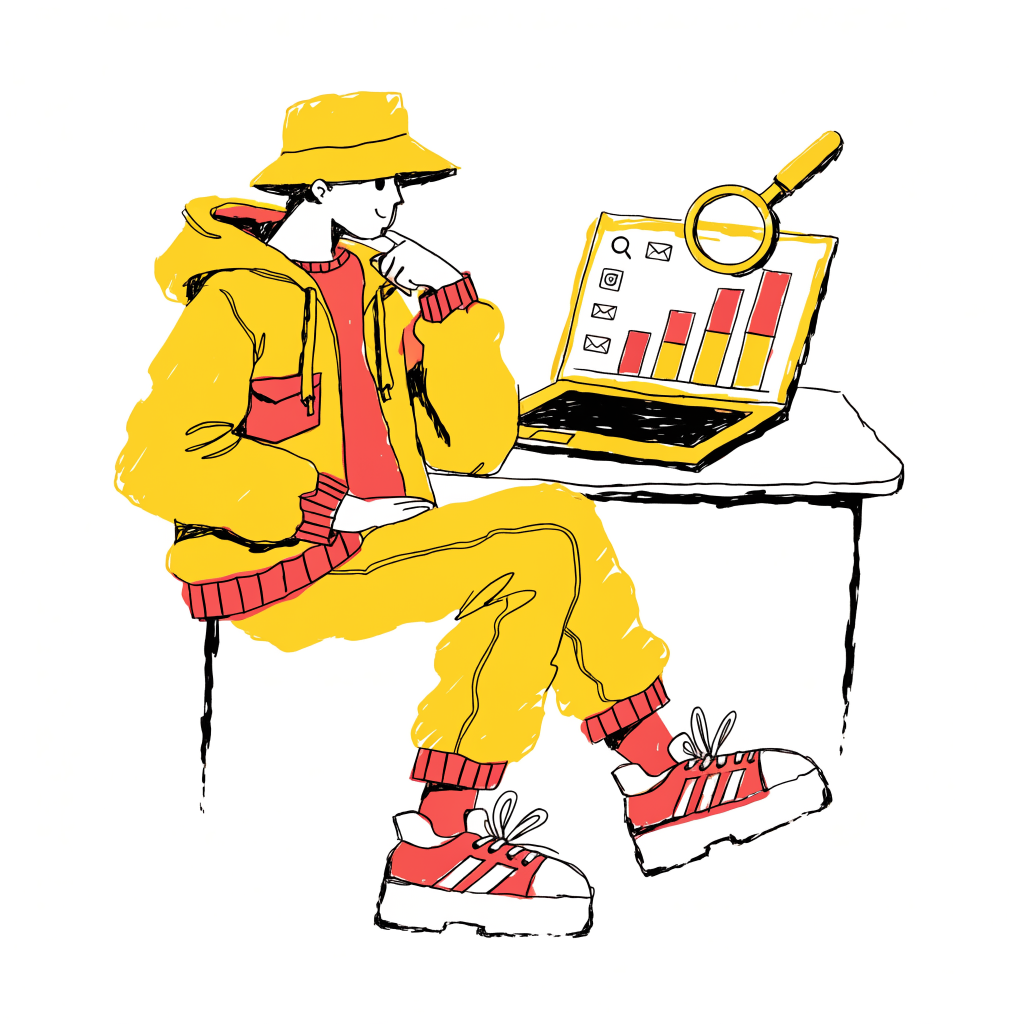 Illustration brutaliste jaune et rouge d'un responsable marketing étudiant un tableau de bord avec des icônes de canaux marketing et une loupe sur des barres de données
