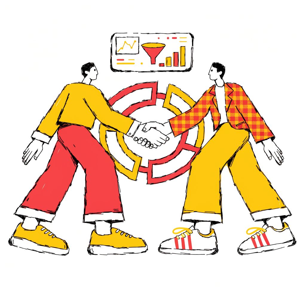 Illustration brutaliste jaune et rouge d'une poignée de main entre marketing et ventes autour d'un engrenage commun, symbole de l'alignement RevOps en PME B2B
