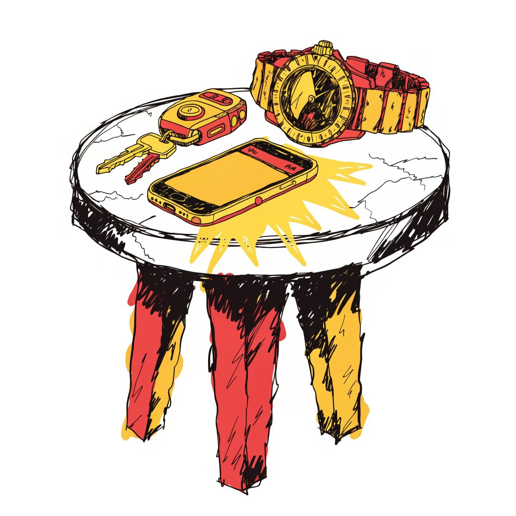 Illustration brutaliste jaune et rouge d'un smartphone sur une table en marbre affichant une notification de SMS, a cote d'une montre de luxe et d'un trousseau de cles, symbole du SMS marketing pour services premium