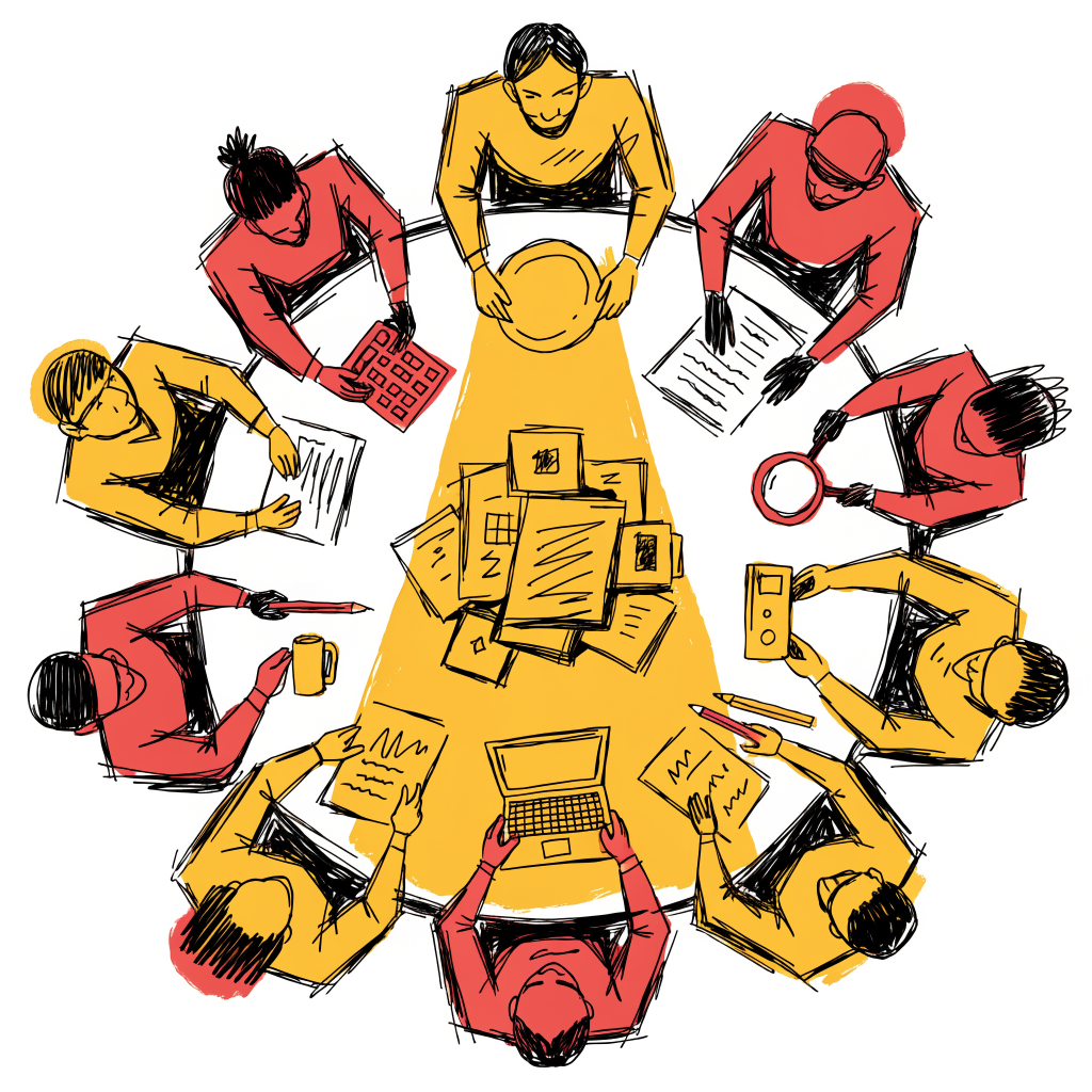 Illustration d'un comité d'achat B2B autour d'une table, onze décideurs symbolisés par des rôles différents