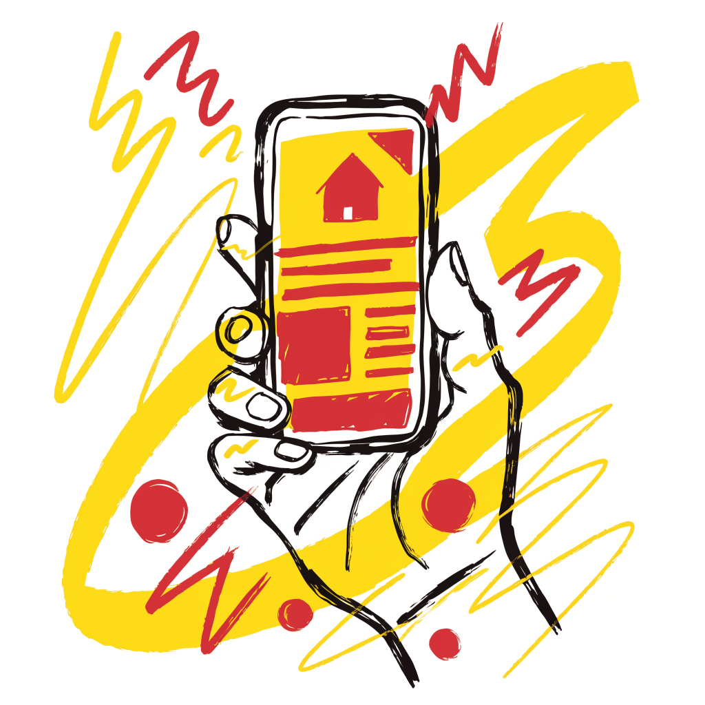 Illustration brutaliste jaune et rouge d'une main tenant un smartphone affichant une newsletter premium avec une icône de maison