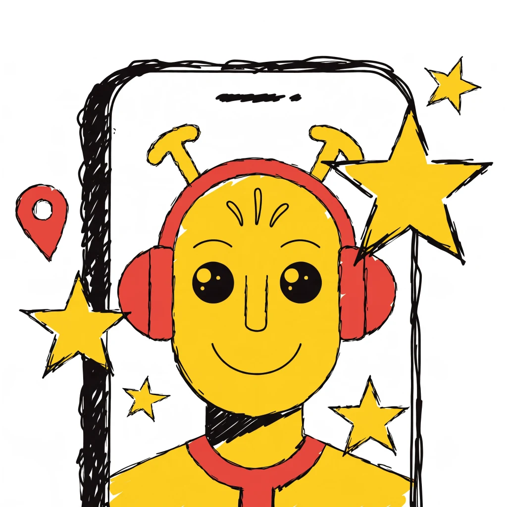 Illustration d'un smartphone où un assistant IA recommande une entreprise locale premium avec cinq étoiles et un repère de carte