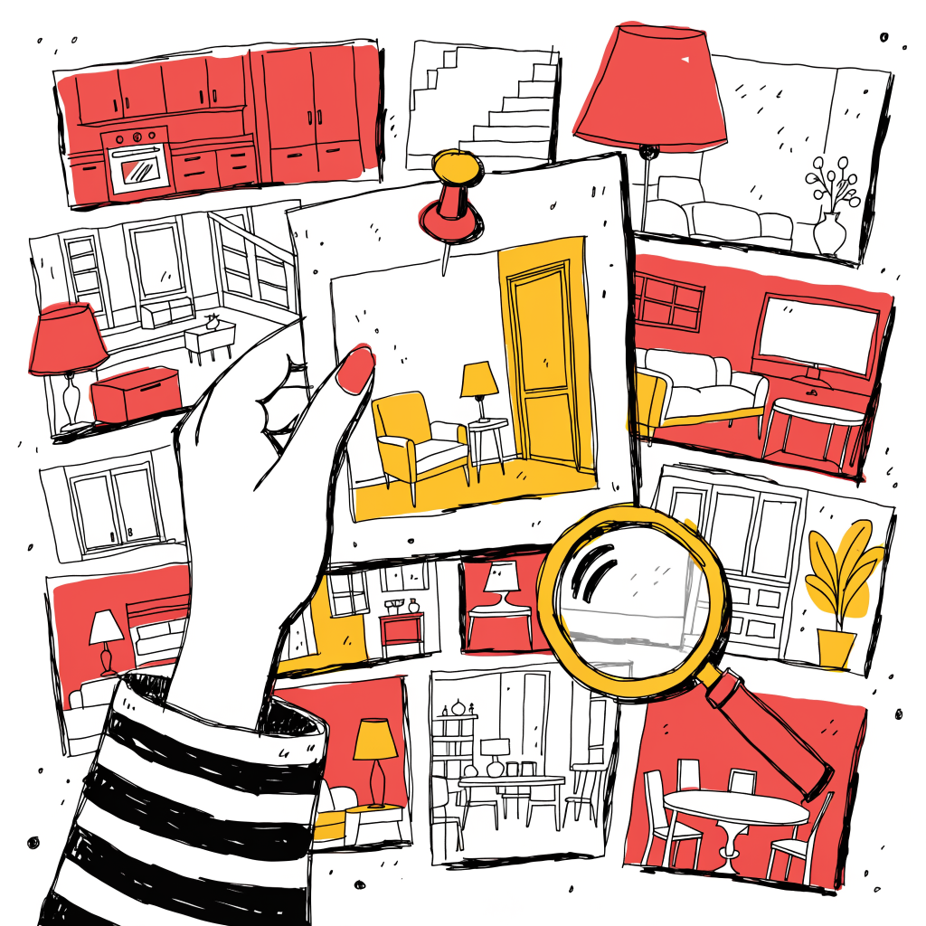 Illustration d'une main qui épingle une photo d'intérieur élégant sur un grand tableau d'inspiration rempli de projets de rénovation et décoration haut de gamme