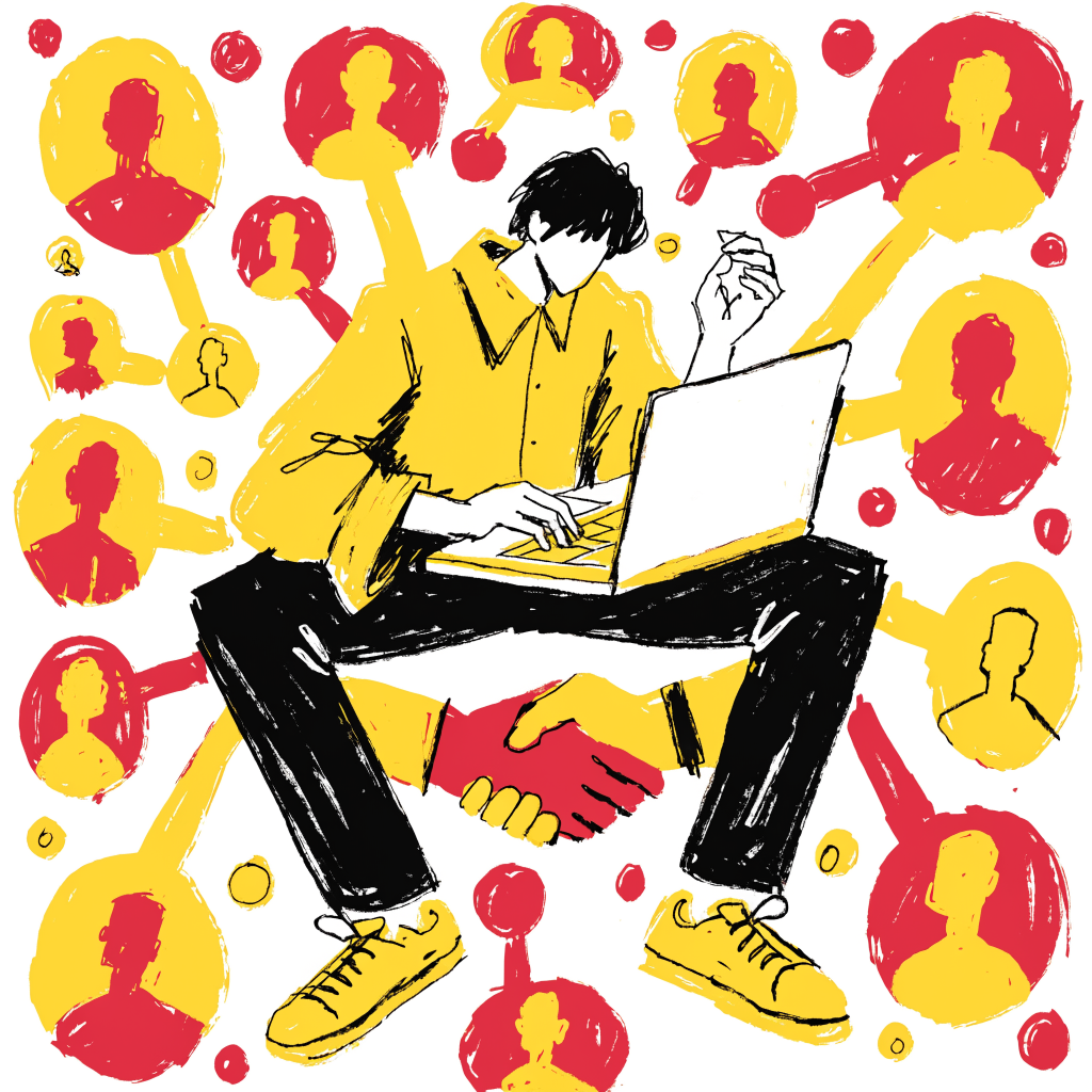 Illustration brutaliste d'un commercial pratiquant le social selling B2B avec un réseau de contacts LinkedIn