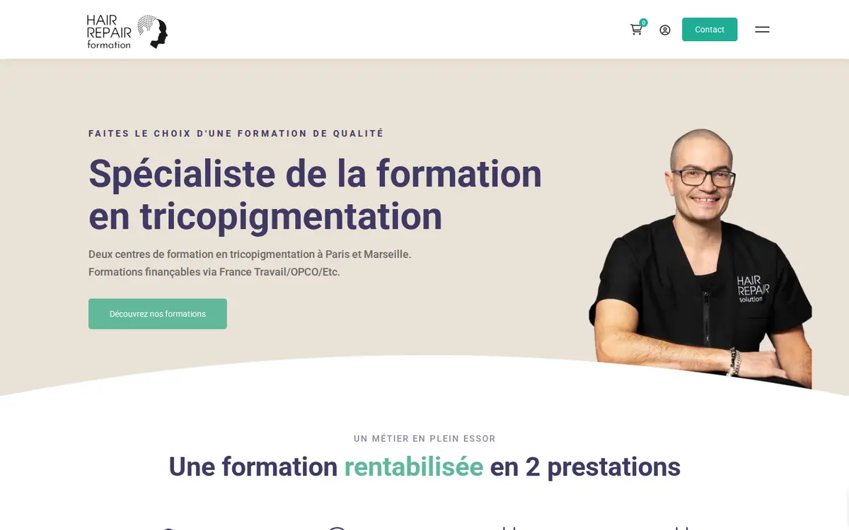 Page d’accueil du site de Hair Repair Formation